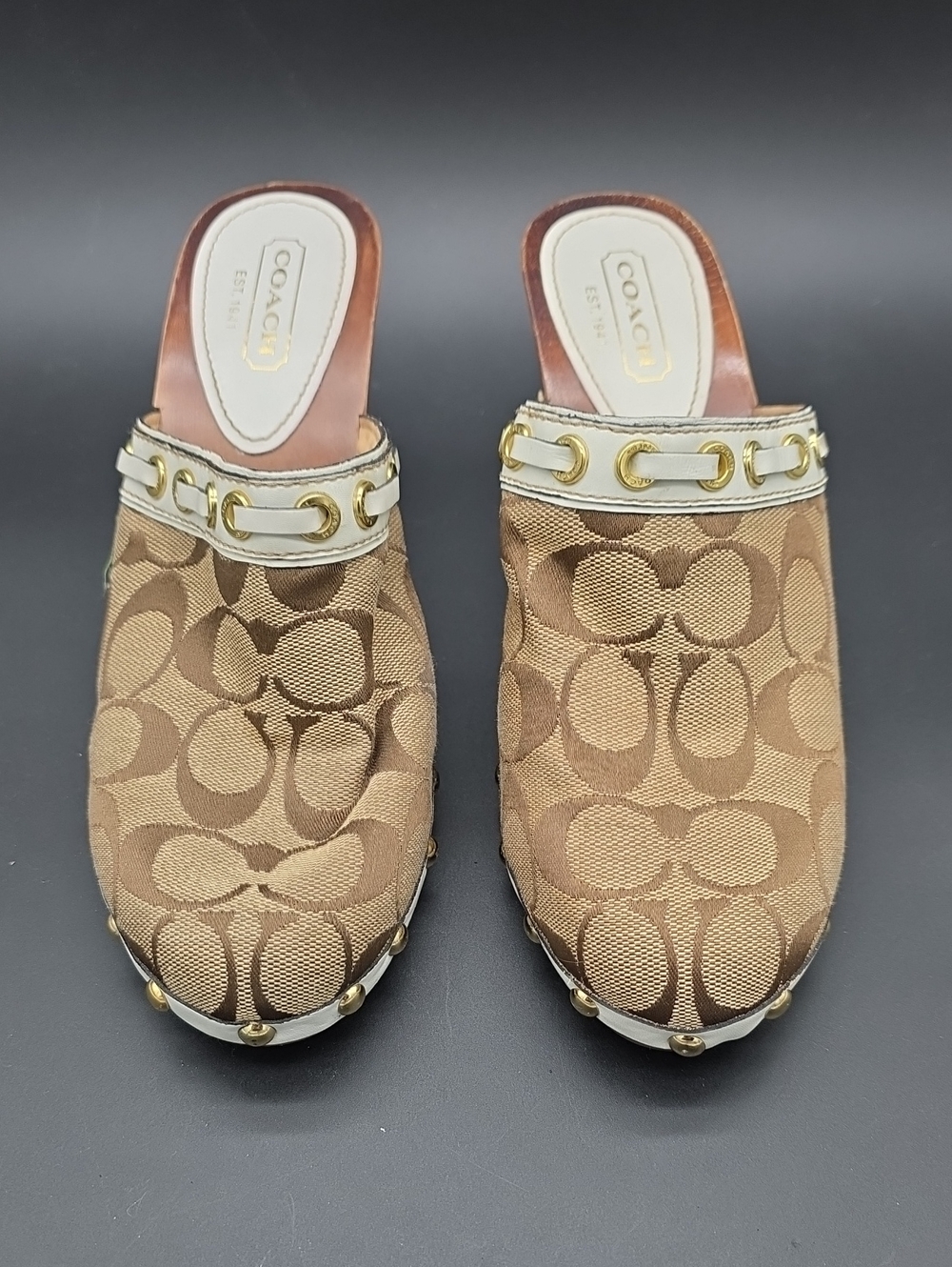 Coach Brown Signature Canvas Clog Heels with Gold Accents 7.5 - Picture 3 of 6